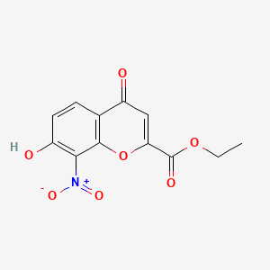 molecular formula C12H9NO7 B8391904 4H-1-Benzopyran-2-carboxylic acid, 7-hydroxy-8-nitro-4-oxo-, ethyl ester 