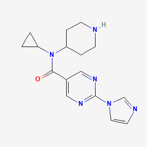 molecular formula C16H20N6O B8392485 2-Imidazol-1-yl-pyrimidine-5-carboxylic acid cyclopropyl-piperidin-4-yl-amide 