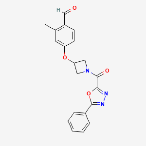 molecular formula C20H17N3O4 B8400946 2-Methyl-4-(1-(5-phenyl-1,3,4-oxadiazole-2-carbonyl)azetidin-3-yloxy)benzaldehyde 