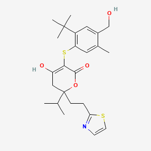 molecular formula C25H33NO4S2 B8408751 5-[2-tert-butyl-4-(hydroxymethyl)-5-methyl-phenyl]sulfanyl-4-hydroxy-2-isopropyl-2-(2-thiazol-2-ylethyl)-3H-pyran-6-one 