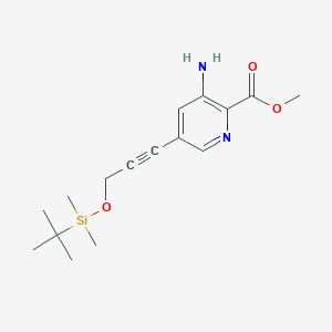 molecular formula C16H24N2O3Si B8412527 3-Amino-5-[3-(tert-butyl-dimethyl-silanyloxy)-prop-1-ynyl)-pyridine-2-carboxylic acid methyl ester 