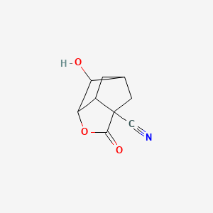 molecular formula C9H9NO3 B8415109 6-Hydroxy-2-oxotetrahydro-2H-3,5-methanocyclopenta[b]furan-3(3aH)-carbonitrile 