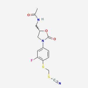 molecular formula C14H14FN3O3S2 B8417262 [4-[(5S)-5-(acetamidomethyl)-2-oxo-oxazolidin-3-yl]-2-fluoro-phenyl]sulfanylmethyl thiocyanate 