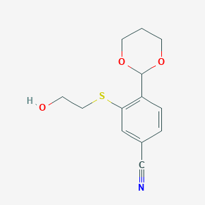 molecular formula C13H15NO3S B8426353 4-(1,3-Dioxan-2-yl)-3-[(2-hydroxyethyl)sulfanyl]benzonitrile 