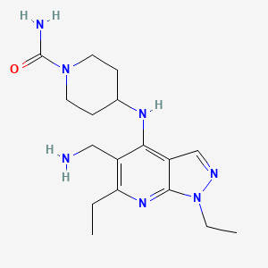 molecular formula C17H27N7O B8427511 4-{[5-(Aminomethyl)-1,6-diethyl-1H-pyrazolo[3,4-b]pyridin-4-yl]amino}-1-piperidinecarboxamide 