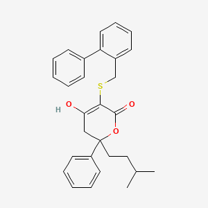 molecular formula C29H30O3S B8429204 4-hydroxy-2-isopentyl-2-phenyl-5-[(2-phenylphenyl)methylsulfanyl]-3H-pyran-6-one 