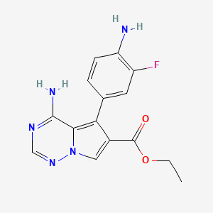 molecular formula C15H14FN5O2 B8430006 Ethyl 4-amino-5-(4-amino-3-fluorophenyl)pyrrolo[2,1-f][1,2,4]triazine-6-carboxylate 