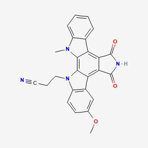 molecular formula C25H18N4O3 B8430197 3-{7-Methoxy-23-methyl-12,14-dioxo-3,13,23-triazahexacyclo[14.7.0.0^{2,10}.0^{4,9}.0^{11,15}.0^{17,22}]tricosa-1(16),2(10),4(9),5,7,11(15),17,19,21-nonaen-3-yl}propanenitrile 