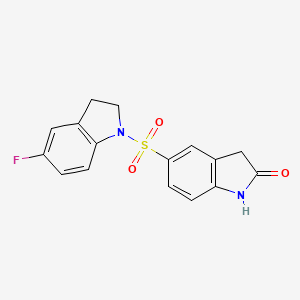 molecular formula C16H13FN2O3S B8431865 5-(5-Fluoro-2,3-dihydro-indole-1-sulfonyl)-1,3-dihydro-indol-2-one 