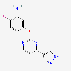 molecular formula C14H12FN5O B8433940 2-fluoro-5-(4-(1-methyl-1H-pyrazol-4-yl)pyrimidin-2-yloxy)benzenamine 