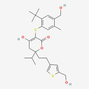 molecular formula C27H36O5S2 B8435445 5-[2-tert-butyl-4-(hydroxymethyl)-5-methyl-phenyl]sulfanyl-4-hydroxy-2-[2-[5-(hydroxymethyl)-3-thienyl]ethyl]-2-isopropyl-3H-pyran-6-one 