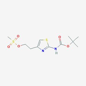 molecular formula C11H18N2O5S2 B8439927 Methanesulfonic acid 2-(2-tert-butoxycarbonylamino-thiazol-4-yl)-ethyl ester 