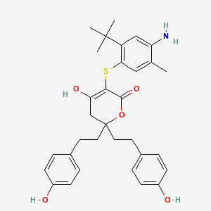 molecular formula C32H37NO5S B8440675 3-(4-Amino-2-tert-butyl-5-methylphenylsulfanyl)-4-hydroxy-6,6-bis[2-(4-hydroxyphenyl)ethyl]-5,6-dihydropyran-2-one 