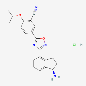 molecular formula C21H21ClN4O2 B8442845 (S)-5-(3-(1-amino-2,3-dihydro-1H-inden-4-yl)-1,2,4-oxadiazol-5-yl)-2-isopropoxybenzonitrile hydrochloride 
