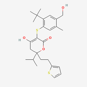 molecular formula C26H34O4S2 B8443891 3-(2-tert-Butyl-4-hydroxymethyl-5-methyl-phenylsulfanyl)4-hydroxy-6-isopropyl-6-(2-thiophen-2-yl-ethyl)-5,6-dihydro-pyran-2-one 