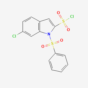 molecular formula C14H9Cl2NO4S2 B8446674 1-Benzene sulphonyl-6-chloroindol-2-ylsulphonyl chloride 