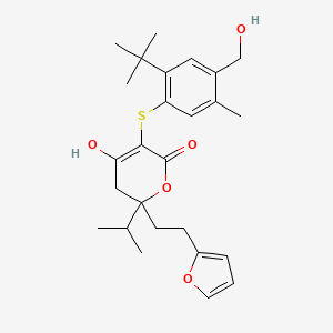 molecular formula C26H34O5S B8447264 5-[2-tert-butyl-4-(hydroxymethyl)-5-methyl-phenyl]sulfanyl-2-[2-(2-furyl)ethyl]-4-hydroxy-2-isopropyl-3H-pyran-6-one 