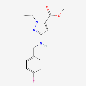 molecular formula C14H16FN3O2 B8453851 2-ethyl-5-(4-fluoro-benzylamino)-2H-pyrazole-3-carboxylic acid methyl ester CAS No. 1029052-31-0