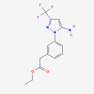 molecular formula C14H14F3N3O2 B8455419 ethyl 2-(3-(5-amino-3-(trifluoromethyl)-1H-pyrazol-1-yl)phenyl)acetate 