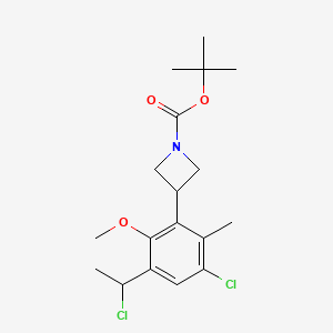 molecular formula C18H25Cl2NO3 B8457324 tert-Butyl 3-[3-chloro-5-(1-chloroethyl)-6-methoxy-2-methylphenyl]azetidine-1-carboxylate 