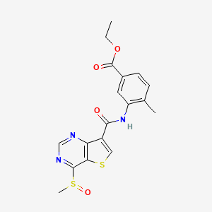 molecular formula C18H17N3O4S2 B8457455 Ethyl 4-methyl-3-(4-(methylsulfinyl)thieno[3,2-d]pyrimidine-7-carboxamido)benzoate 