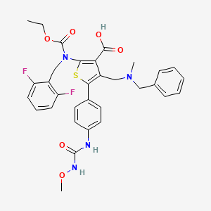 molecular formula C32H32F2N4O6S B8461292 4-((Benzyl(methyl)amino)methyl)-2-((2,6-difluorobenzyl)(ethoxycarbonyl)amino)-5-(4-(3-methoxyureido)phenyl)thiophene-3-carboxylic acid 