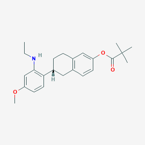 molecular formula C24H31NO3 B8461894 Propanoic acid, 2,2-dimethyl-, (6R)-6-[2-(ethylamino)-4-methoxyphenyl]-5,6,7,8-tetrahydro-2-naphthalenyl ester 