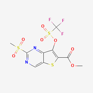molecular formula C10H7F3N2O7S3 B8479420 Methyl 2-(methylsulfonyl)-7-(((trifluoromethyl)sulfonyl)oxy)thieno[3,2-D]pyrimidine-6-carboxylate 
