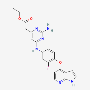molecular formula C21H19FN6O3 B8481099 4-Pyrimidineacetic acid,2-amino-6-[[3-fluoro-4-(1h-pyrrolo[2,3-b]pyridin-4-yloxy)phenyl]amino]-,ethyl ester 