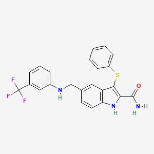 molecular formula C23H18F3N3OS B8481462 1h-Indole-2-carboxamide,3-(phenylthio)-5-[[[3-(trifluoromethyl)phenyl]amino]methyl]- 