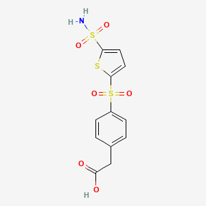 molecular formula C12H11NO6S3 B8482499 Benzeneacetic acid,4-[[5-(aminosulfonyl)-2-thienyl]sulfonyl]- 