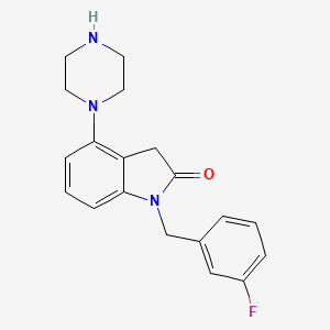 molecular formula C19H20FN3O B8484427 1-[(3-Fluorophenyl)methyl]-4-(piperazin-1-yl)-1,3-dihydro-2H-indol-2-one CAS No. 920284-18-0