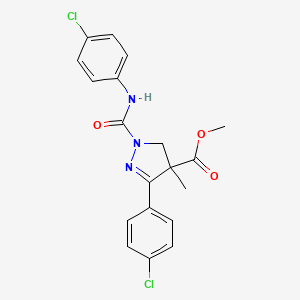 molecular formula C19H17Cl2N3O3 B8487110 1H-Pyrazole-4-carboxylic acid, 3-(4-chlorophenyl)-1-(((4-chlorophenyl)amino)carbonyl)-4,5-dihydro-4-methyl-, methyl ester CAS No. 99823-74-2