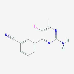 molecular formula C12H9IN4 B8513245 5-Iodo-4-methyl-6-(3-cyano-phenyl)-pyrimidin-2-ylamine 