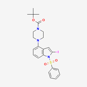 molecular formula C23H26IN3O4S B8515458 1-Piperazinecarboxylic acid,4-[2-iodo-1-(phenylsulfonyl)-1h-indol-4-yl]-,1,1-dimethylethyl ester 