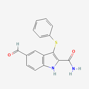 molecular formula C16H12N2O2S B8526453 1h-Indole-2-carboxamide,5-formyl-3-(phenylthio)- 