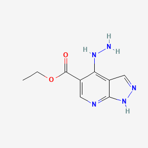 molecular formula C9H11N5O2 B8534975 1h-Pyrazolo[3,4-b]pyridine-5-carboxylic acid,4-hydrazino-,ethyl ester 