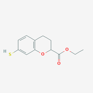 molecular formula C12H14O3S B8538041 Ethyl 7-mercaptochromane-2-carboxylate 