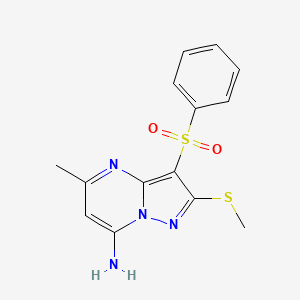 molecular formula C14H14N4O2S2 B8552157 (3-Benzenesulphonyl-5-methyl-2-methylsulphanyl-pyrazolo[1,5-a]pyrimidin-7-yl)amine 
