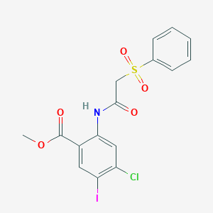 molecular formula C16H13ClINO5S B8560723 Methyl 4-chloro-5-iodo-2-(2-(phenylsulfonyl)acetamido)benzoate 