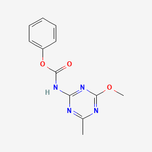 molecular formula C12H12N4O3 B8563298 Carbamic acid, (4-methoxy-6-methyl-1,3,5-triazin-2-yl)-, phenyl ester CAS No. 87483-75-8