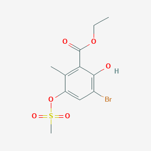 molecular formula C11H13BrO6S B8571734 Ethyl 3-bromo-2-hydroxy-6-methyl-5-((methylsulfonyl)oxy)benzoate 