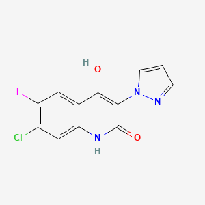 molecular formula C12H7ClIN3O2 B8571986 7-Chloro-4-hydroxy-6-iodo-3-(1H-pyrazol-1-yl)quinolin-2(1H)-one 