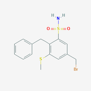 molecular formula C15H16BrNO2S2 B8580737 4-Benzyl-3-methylthio-5-sulfamylbenzyl bromide CAS No. 62273-73-8