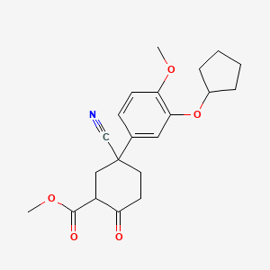 molecular formula C21H25NO5 B8584304 Methyl 5-cyano-5-(3-(cyclopentyloxy)-4-methoxyphenyl)-2-oxocyclohexanecarboxylate 