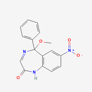 molecular formula C16H13N3O4 B8587646 1,5-Dihydro-5-methoxy-7-nitro-5-phenyl-2H-1,4-benzodiazepin-2-one CAS No. 61983-98-0