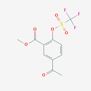 molecular formula C11H9F3O6S B8605524 Methyl 5-acetyl-2-{[(trifluoromethyl)-sulfonyl]oxy}benzoate CAS No. 343338-97-6