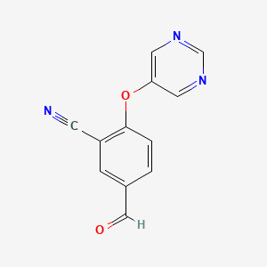 molecular formula C12H7N3O2 B8609707 5-Formyl-2-(pyrimidin-5-yloxy)benzonitrile 