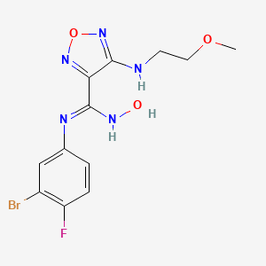 molecular formula C12H13BrFN5O3 B8618066 N-(3-Bromo-4-fluorophenyl)-N'-hydroxy-4-((2-methoxyethyl)amino)-1,2,5-oxadiazole-3-carboximidamide 