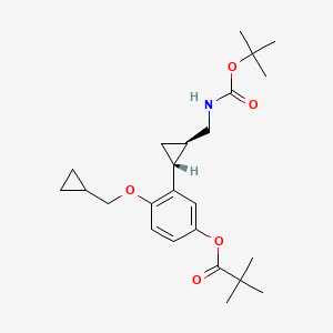 molecular formula C24H35NO5 B8644892 Propanoic acid, 2,2-dimethyl-, 4-(cyclopropylmethoxy)-3-[(1R,2R)-2-[[[(1,1-dimethylethoxy)carbonyl]amino]methyl]cyclopropyl]phenyl ester, rel- 
